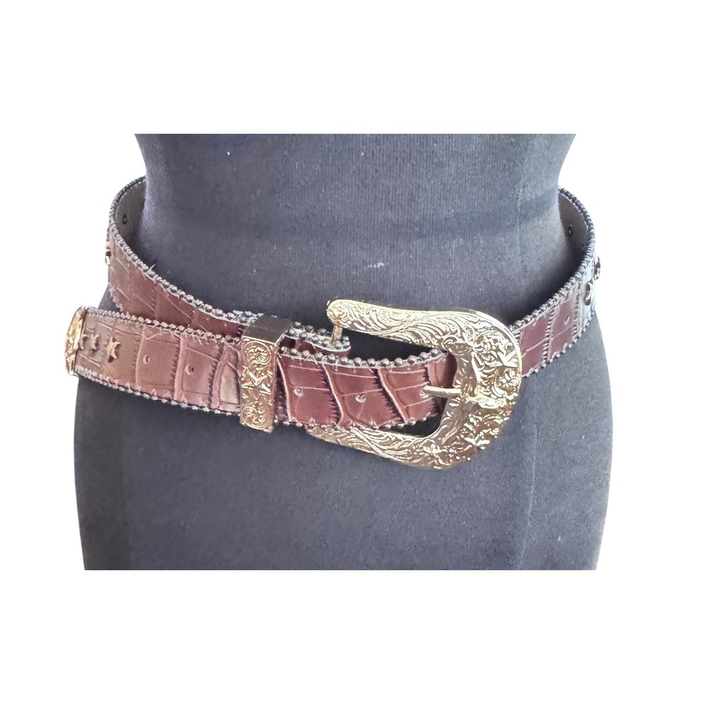 Western Belt Brown Gold Star Croc Faux Leather Cowgirl Rodeo Bling EUC
Sz‎ 32-34